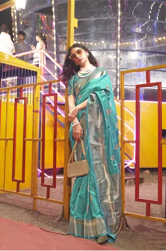 Kimisha Women'S Turquoise Silk Woven Saree With Unstitched Blouse Piece