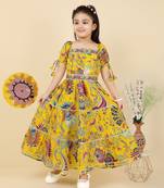 girls yellow half sleeves cotton printed & lace embellished flared ethnic dress
