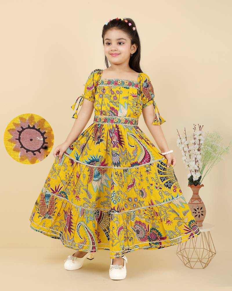 girls yellow half sleeves cotton printed & lace embellished flared ethnic dress