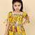 girls yellow half sleeves cotton printed & lace embellished flared ethnic dress