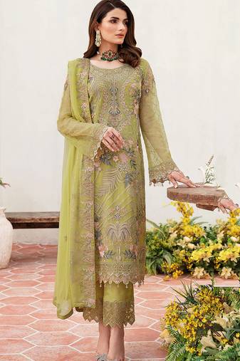 Pista color embroideried faux georgette semi stitched salwar suit
