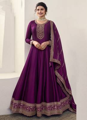 Purple silk georgette embroidery work anarkali suit 1