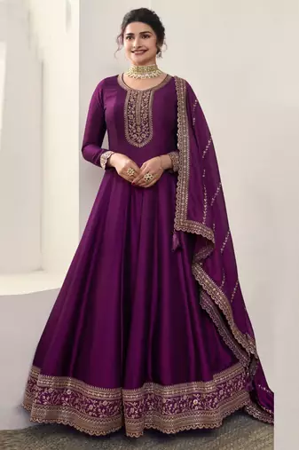 Purple silk georgette embroidery work anarkali suit