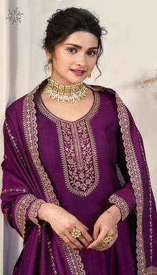 Purple silk georgette embroidery work anarkali suit 2