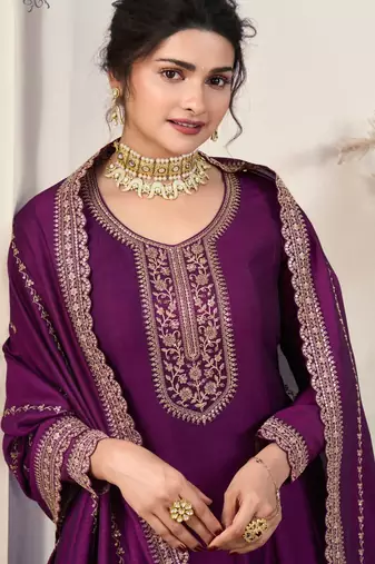 Purple silk georgette embroidery work anarkali suit