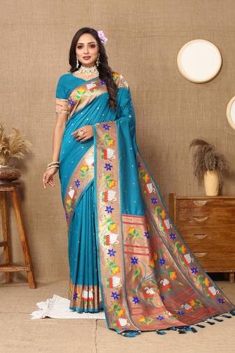 Vedant Vastram Women'S Rama Color Paithani Silk Blend Saree 
