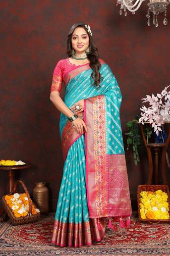 Vedant Vastram Women'S Rama Color Kanjeevaram Organza Silk Blend Saree 