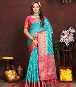 Vedant Vastram Women'S Rama Color Kanjeevaram Organza Silk Blend Saree 