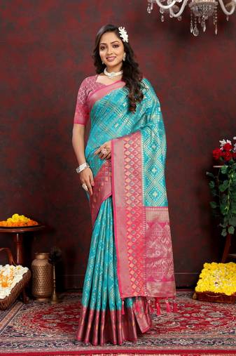 Vedant Vastram Women'S Rama Color Kanjeevaram Organza Silk Blend Saree 