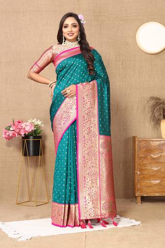 Vedant Vastram Women'S Rama Color Kanjeevaram Silk Blend Saree 