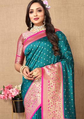 Vedant Vastram Women'S Rama Color Kanjeevaram Silk Blend Saree  6