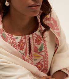 Ivory and red cotton woven kurta set