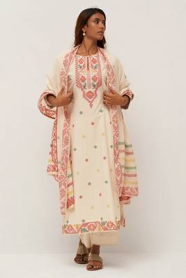 Ivory and red cotton woven kurta set 1