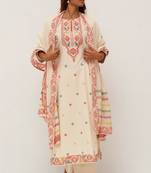 Ivory and red cotton woven kurta set