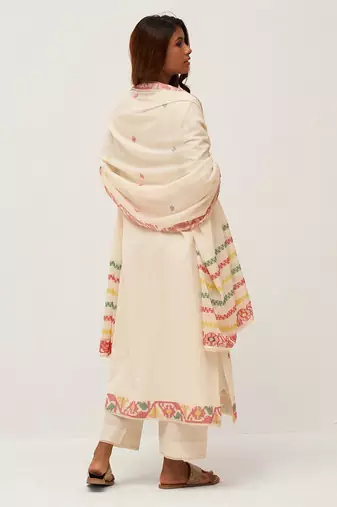 Ivory and red cotton woven kurta set