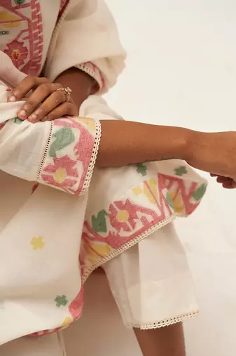 Ivory and red cotton woven kurta set