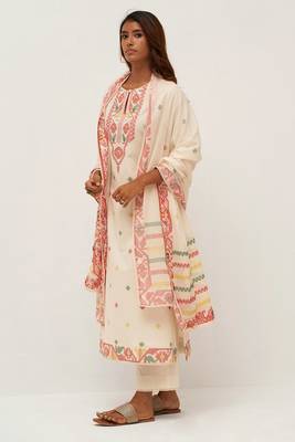 Ivory and red cotton woven kurta set 5