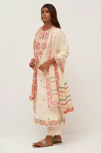 Ivory and red cotton woven kurta set