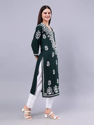 hand embroidered dark green rayon lucknowi chikan kurta 2