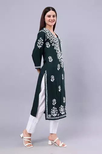 hand embroidered dark green rayon lucknowi chikan kurta