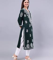 hand embroidered dark green rayon lucknowi chikan kurta