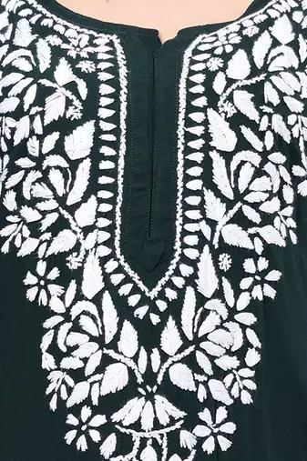 hand embroidered dark green rayon lucknowi chikan kurta