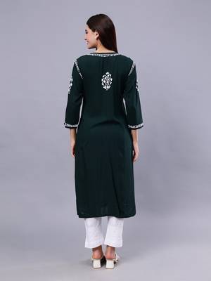 hand embroidered dark green rayon lucknowi chikan kurta 4