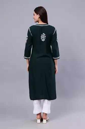 hand embroidered dark green rayon lucknowi chikan kurta