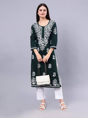 hand embroidered dark green rayon lucknowi chikan kurta 5