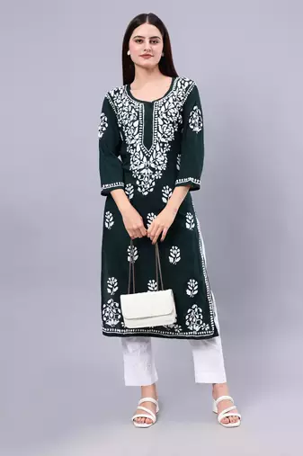 hand embroidered dark green rayon lucknowi chikan kurta