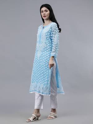 hand embroidered blue georgette lucknowi chikan kurta with slip 2