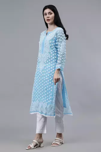 hand embroidered blue georgette lucknowi chikan kurta with slip