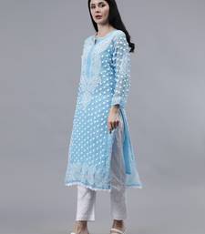 hand embroidered blue georgette lucknowi chikan kurta with slip