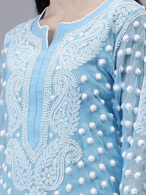 hand embroidered blue georgette lucknowi chikan kurta with slip 3