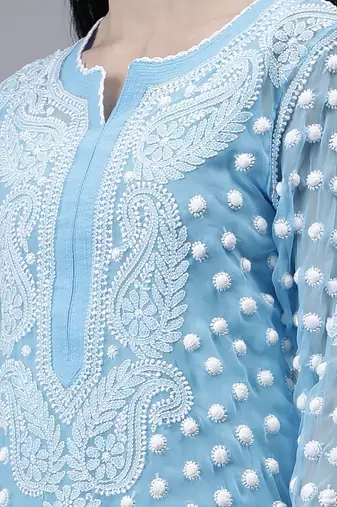 hand embroidered blue georgette lucknowi chikan kurta with slip