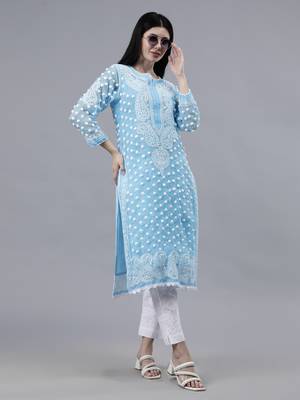 hand embroidered blue georgette lucknowi chikan kurta with slip 4