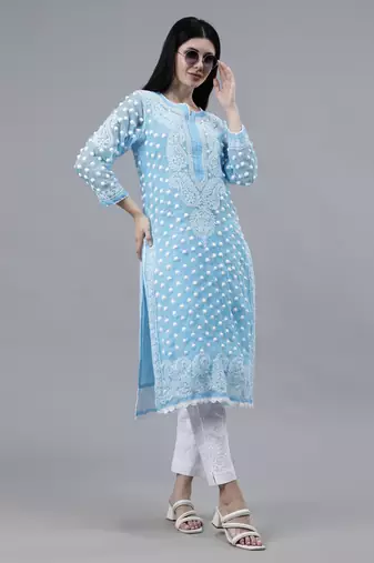 hand embroidered blue georgette lucknowi chikan kurta with slip