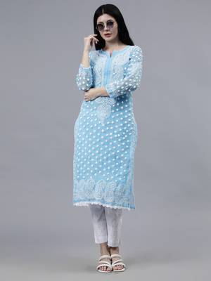 hand embroidered blue georgette lucknowi chikan kurta with slip 5