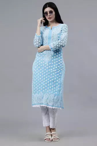 hand embroidered blue georgette lucknowi chikan kurta with slip