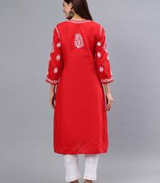 Seva chikan hand embroidered red cotton lucknowi chikan kurta