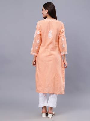 hand embroidered peach cotton lucknowi chikan kurta 2