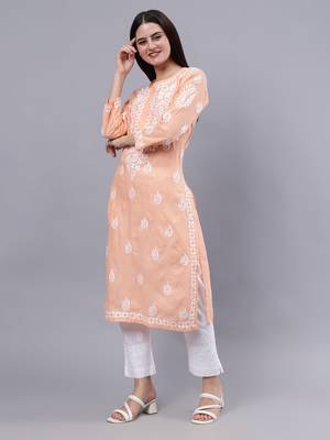 hand embroidered peach cotton lucknowi chikan kurta 3