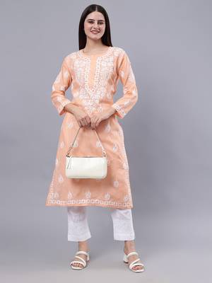 hand embroidered peach cotton lucknowi chikan kurta 5