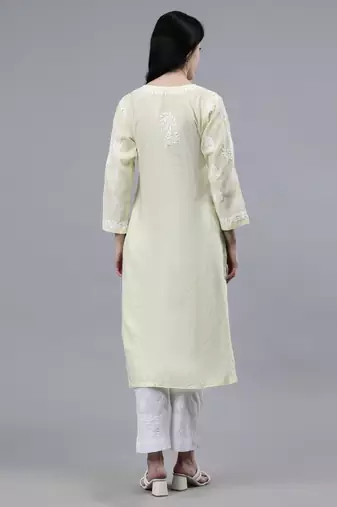hand embroidered lemon cotton lucknowi chikan kurta