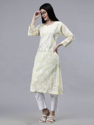 hand embroidered lemon cotton lucknowi chikan kurta 3