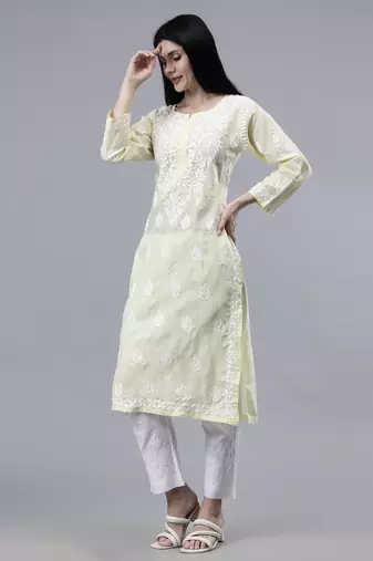 hand embroidered lemon cotton lucknowi chikan kurta