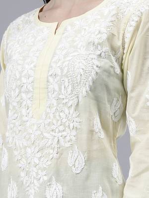 hand embroidered lemon cotton lucknowi chikan kurta 4