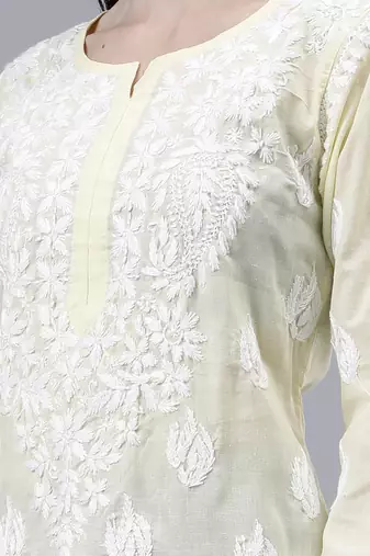 hand embroidered lemon cotton lucknowi chikan kurta