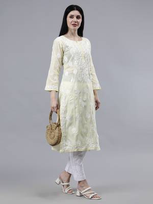 hand embroidered lemon cotton lucknowi chikan kurta 5