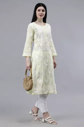 hand embroidered lemon cotton lucknowi chikan kurta